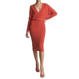 REISS Orange Jenna Ruched Sleeve Knit Bodycon Cashmere Dress Size Small